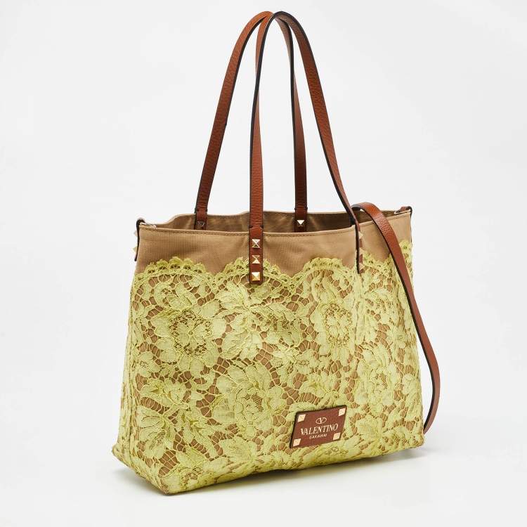 Pre Owned Valentino Tri Color Glamorous Lace, Canvas and Leather Reversible Tote