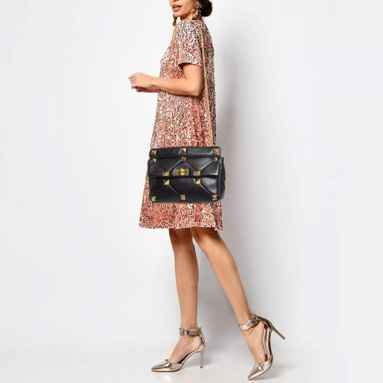 Pre Owned Valentino Black Leather Large Roman Stud Shoulder Bag