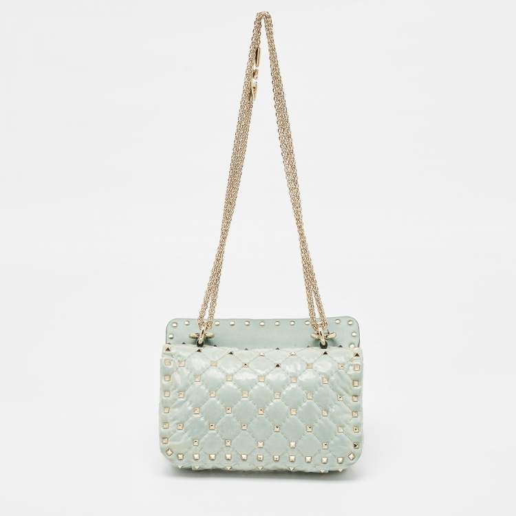 Pre Owned Valentino Light Blue Quilted Coated Fabric Small Rockstud Spike Top Handle Bag