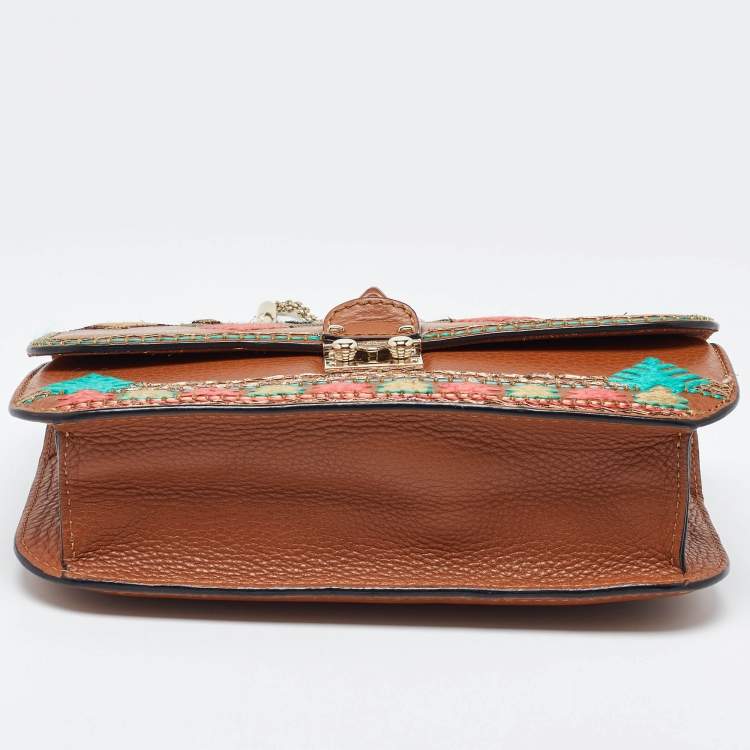 Pre Owned Valentino Beige Leather Medium Embroidered Rockstud Glam Lock Flap Bag