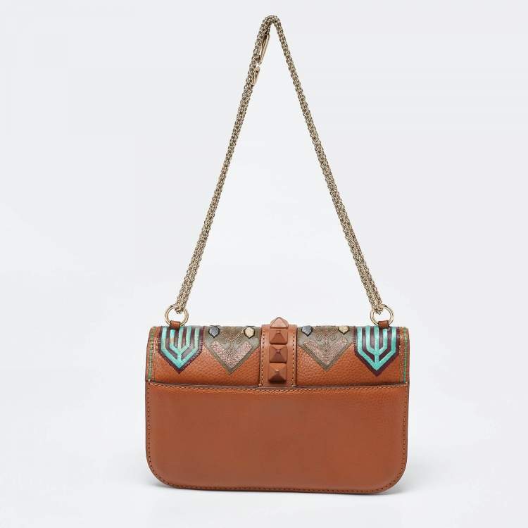 Pre Owned Valentino Beige Leather Medium Embroidered Rockstud Glam Lock Flap Bag