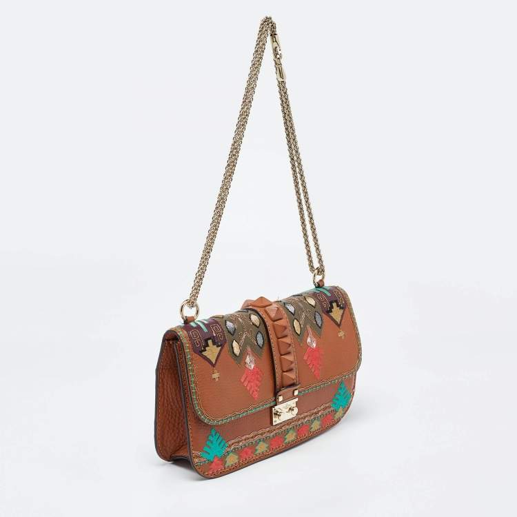 Pre Owned Valentino Beige Leather Medium Embroidered Rockstud Glam Lock Flap Bag