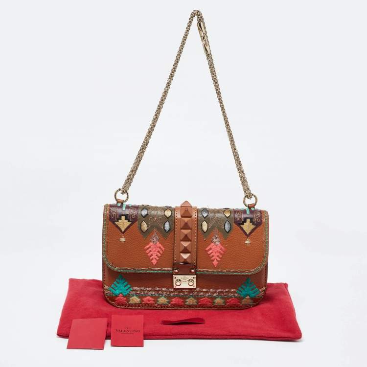 Pre Owned Valentino Beige Leather Medium Embroidered Rockstud Glam Lock Flap Bag