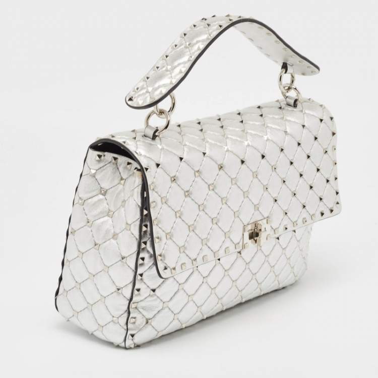 Pre Owned Valentino Silver Quilted Leather Large Rockstud Spike Top Handle Bag