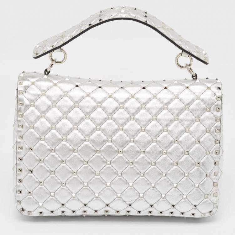 Pre Owned Valentino Silver Quilted Leather Large Rockstud Spike Top Handle Bag