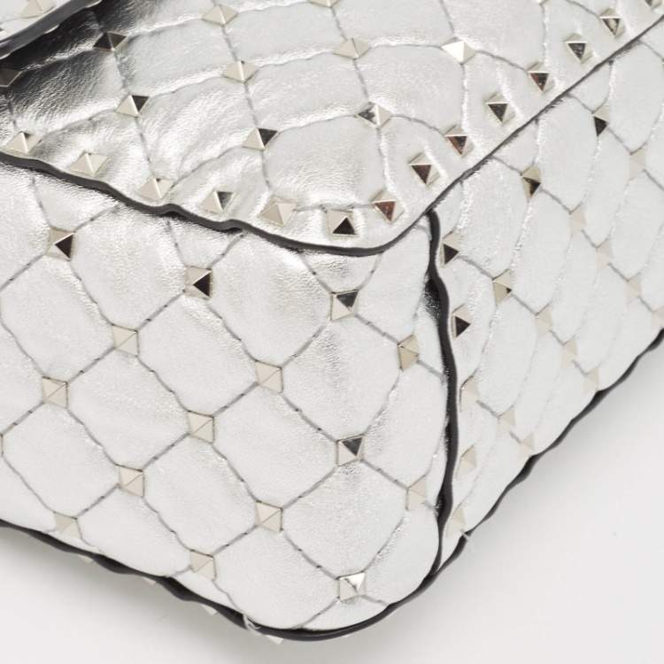 Pre Owned Valentino Silver Quilted Leather Large Rockstud Spike Top Handle Bag