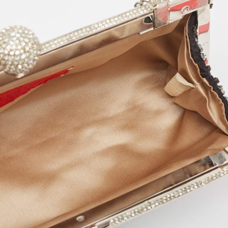 Pre Owned Valentino Black Satin Crystal Studded Frame Chain Clutch