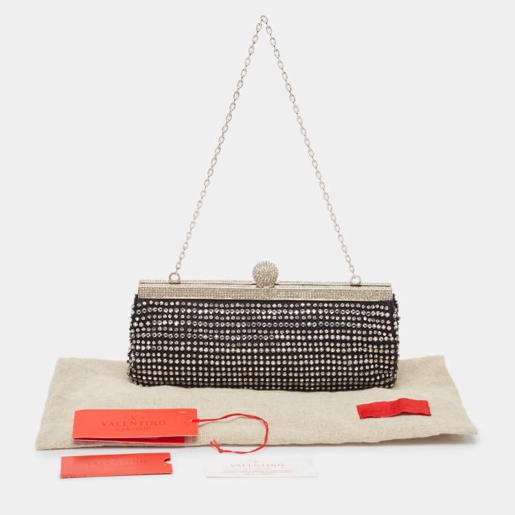 Pre Owned Valentino Black Satin Crystal Studded Frame Chain Clutch