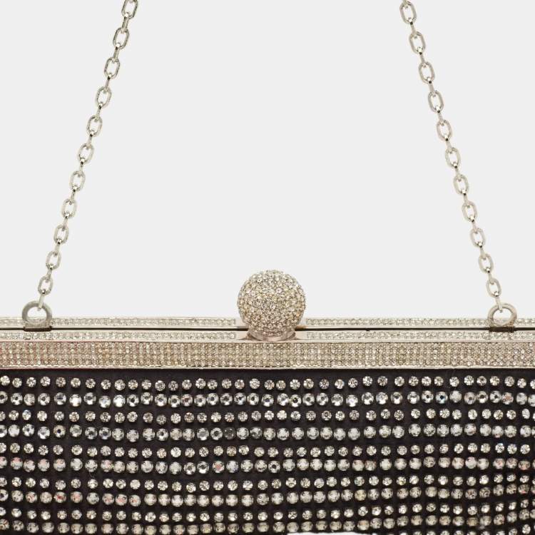 Pre Owned Valentino Black Satin Crystal Studded Frame Chain Clutch
