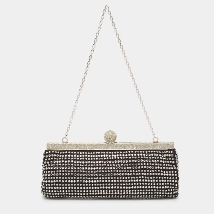 Pre Owned Valentino Black Satin Crystal Studded Frame Chain Clutch