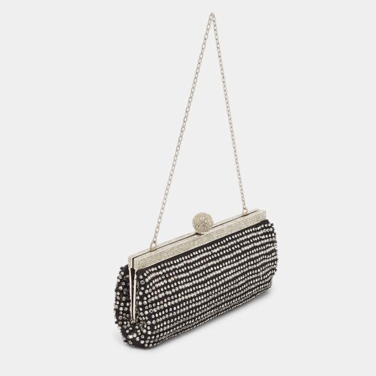 Pre Owned Valentino Black Satin Crystal Studded Frame Chain Clutch