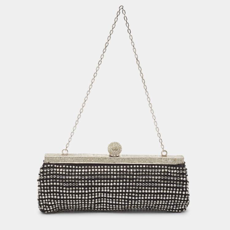 Pre Owned Valentino Black Satin Crystal Studded Frame Chain Clutch