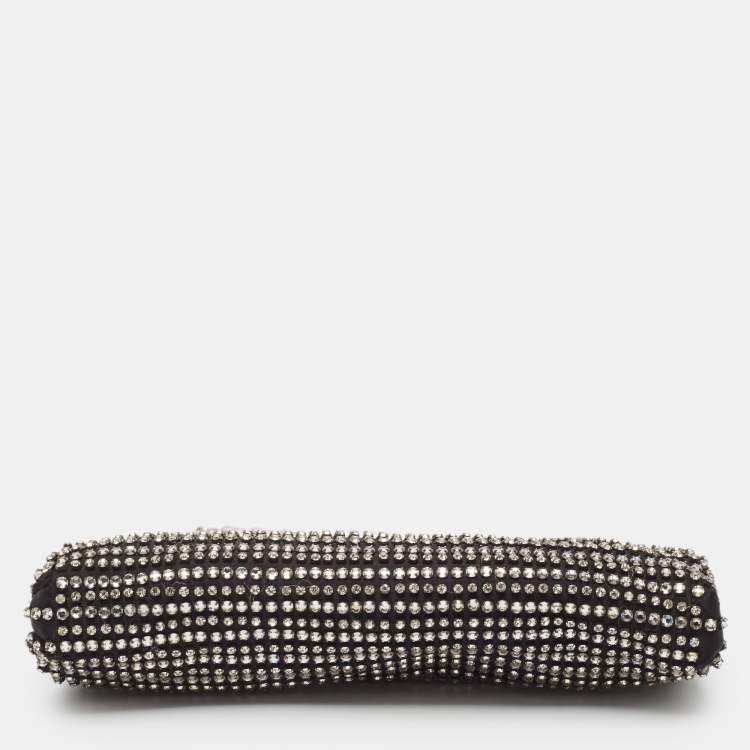 Pre Owned Valentino Black Satin Crystal Studded Frame Chain Clutch