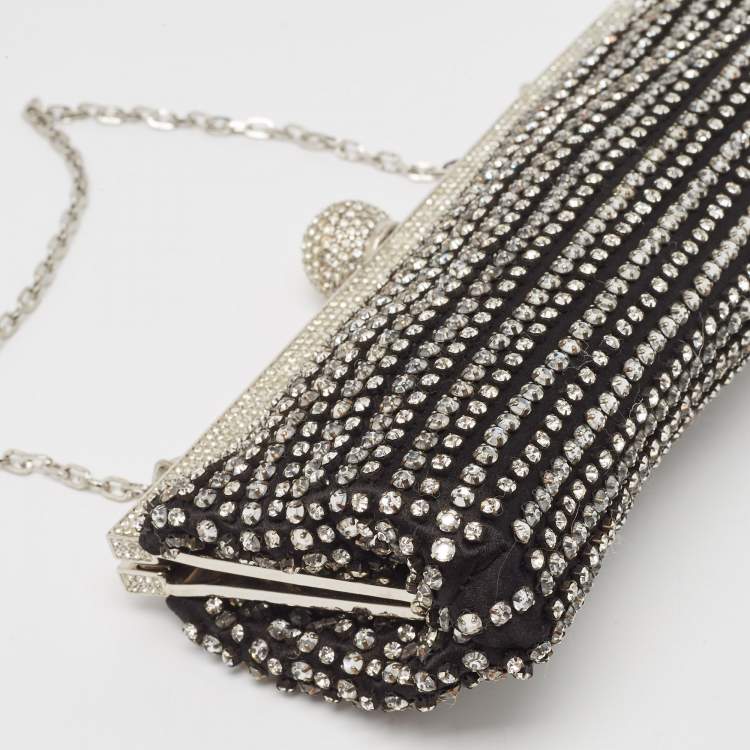 Pre Owned Valentino Black Satin Crystal Studded Frame Chain Clutch