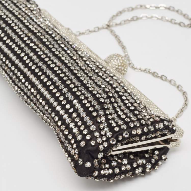 Pre Owned Valentino Black Satin Crystal Studded Frame Chain Clutch