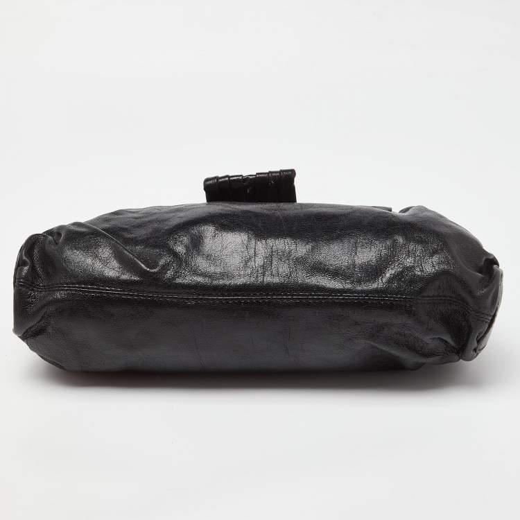 Pre Owned Valentino Black Leather Crystal Embellished Logo Flap Satchel