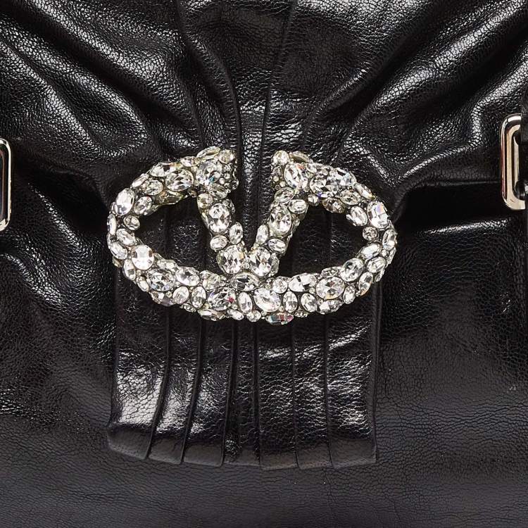 Pre Owned Valentino Black Leather Crystal Embellished Logo Flap Satchel