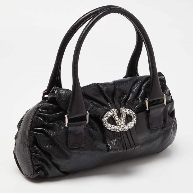 Pre Owned Valentino Black Leather Crystal Embellished Logo Flap Satchel