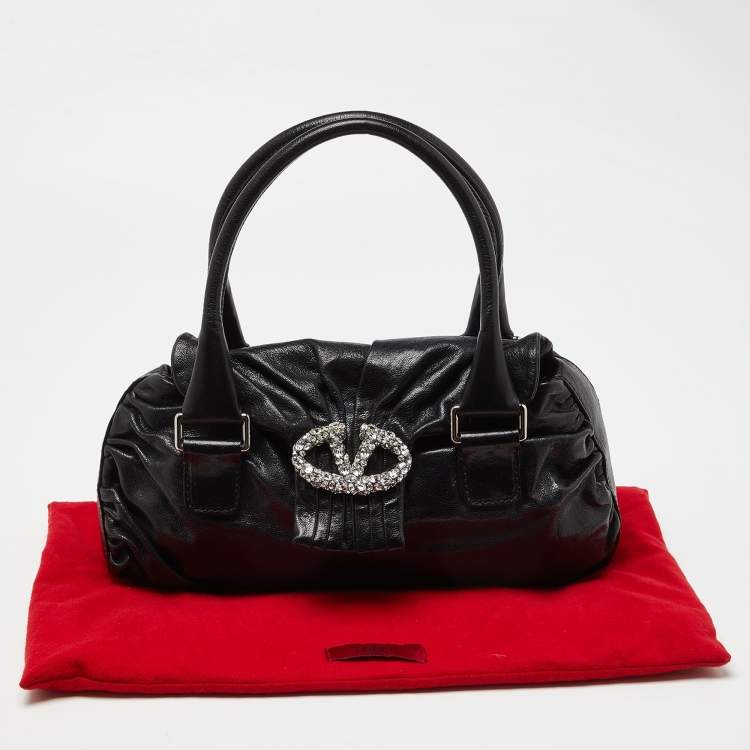 Pre Owned Valentino Black Leather Crystal Embellished Logo Flap Satchel