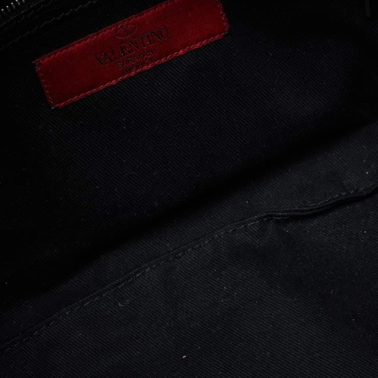 Pre Owned Valentino Black Leather Crystal Embellished Logo Flap Satchel