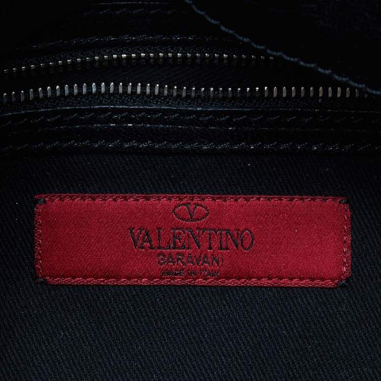 Pre Owned Valentino Black Leather Crystal Embellished Logo Flap Satchel