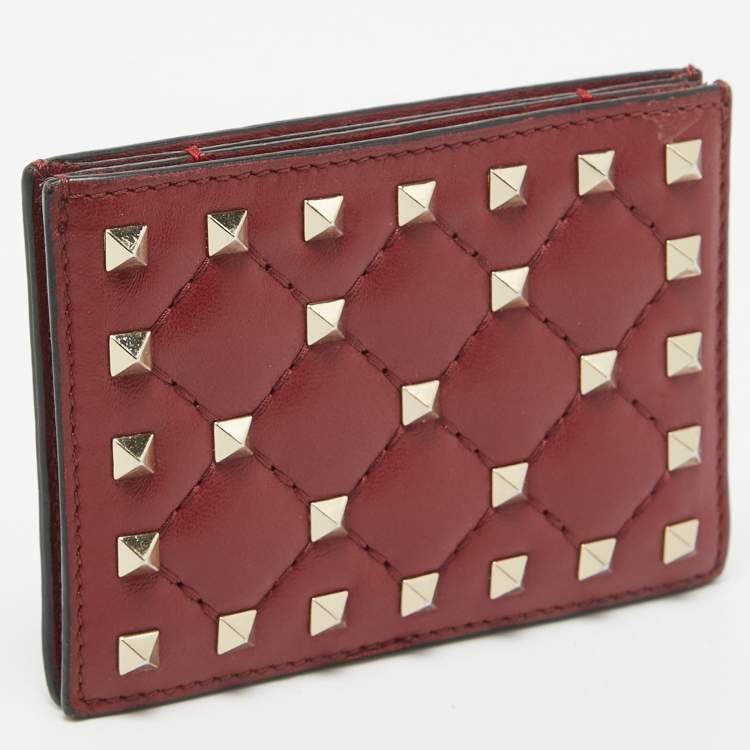 Pre Owned Valentino Burgundy Quilted Leather Rockstud Spike Card Case