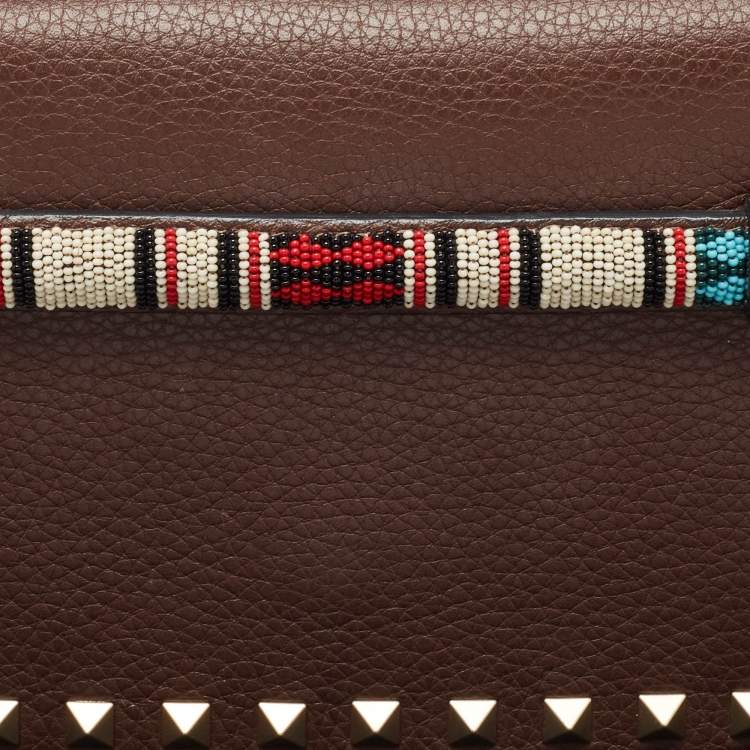 Pre Owned Valentino Brown Leather Beaded Rockstud Wristlet Clutch