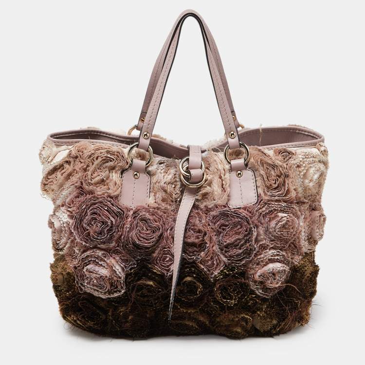 Pre Owned Valentino Multicolor Flower Applique Satin and Leather Tote 
