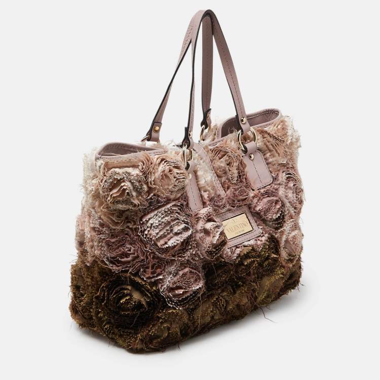 Pre Owned Valentino Multicolor Flower Applique Satin and Leather Tote 