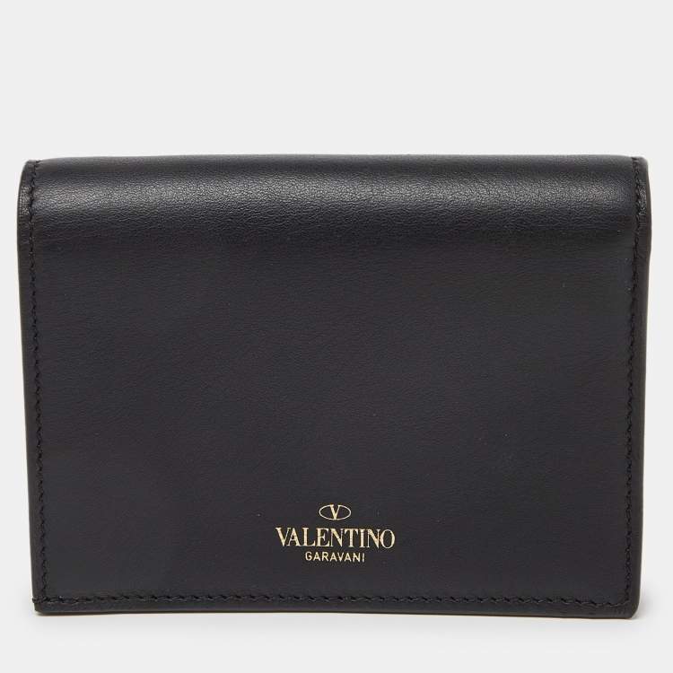 Pre Owned Valentino Black Leather VLTN Bifold Card Case