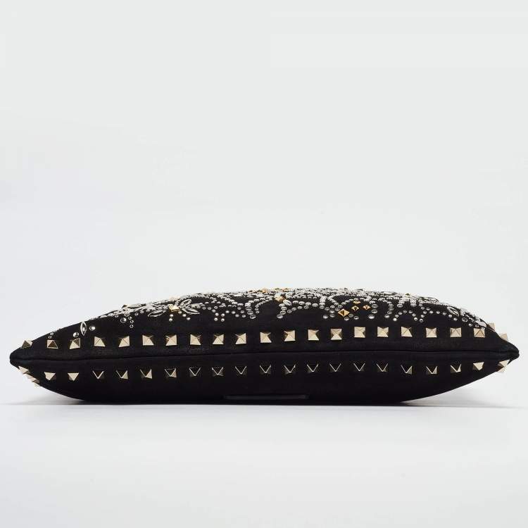 Pre Owned Valentino Black Suede Large Rockstud Embellished Wristlet Pouch