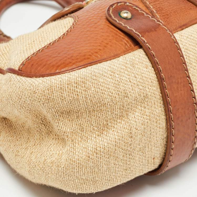 Pre Owned Valentino Brown/Beige Canvas and Leather VLogo Embellished Catch Bag