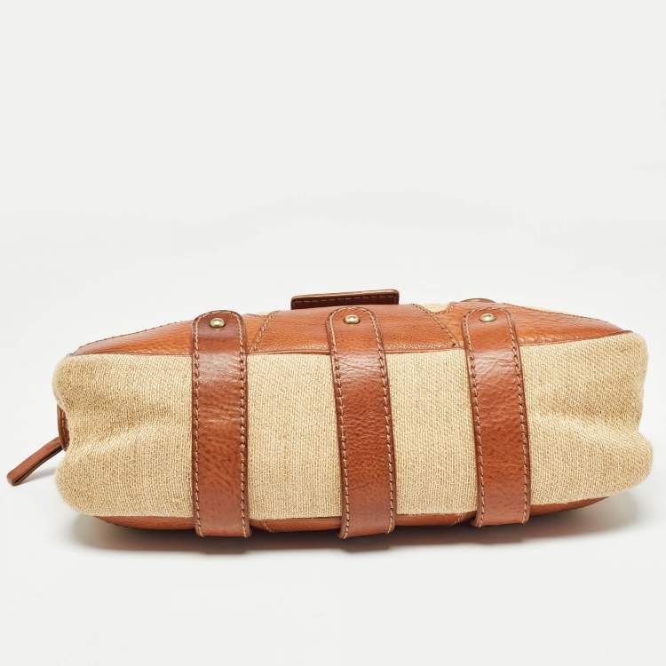 Pre Owned Valentino Brown/Beige Canvas and Leather VLogo Embellished Catch Bag