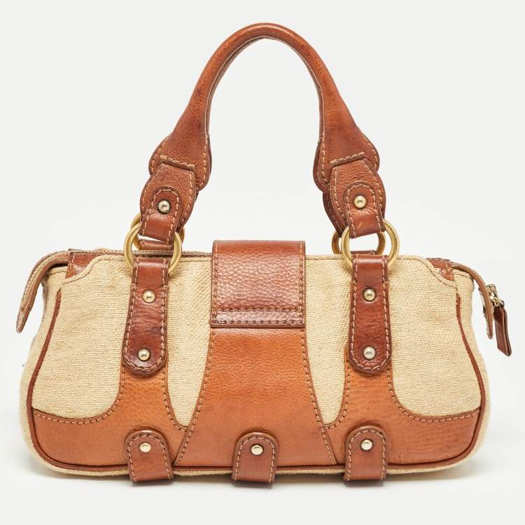 Pre Owned Valentino Brown/Beige Canvas and Leather VLogo Embellished Catch Bag