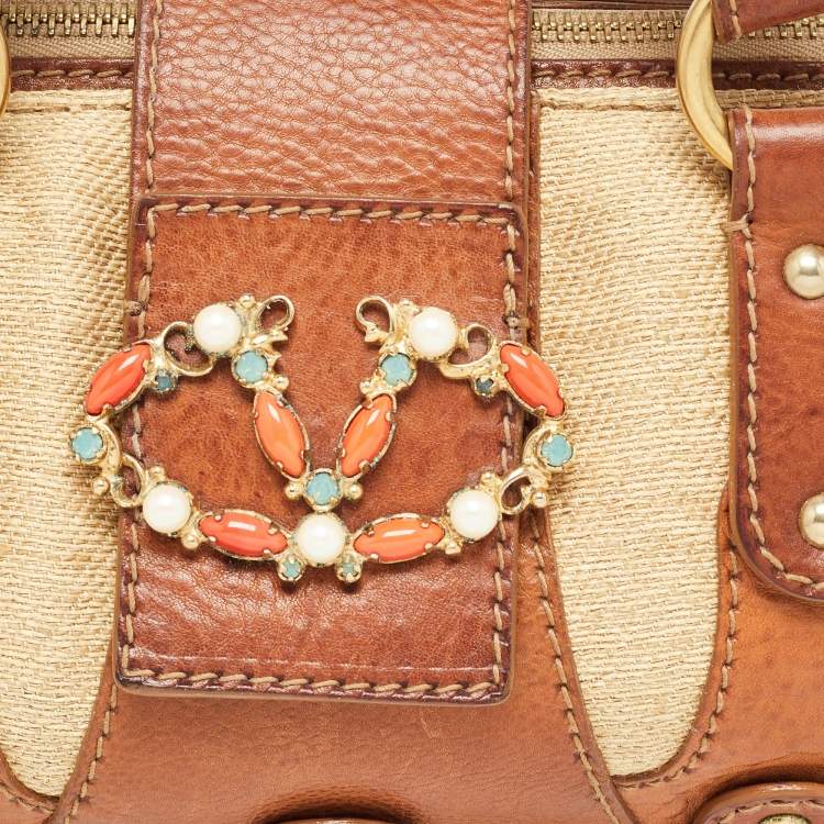 Pre Owned Valentino Brown/Beige Canvas and Leather VLogo Embellished Catch Bag