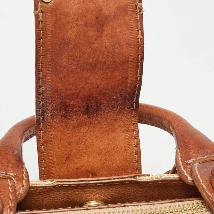 Pre Owned Valentino Brown/Beige Canvas and Leather VLogo Embellished Catch Bag