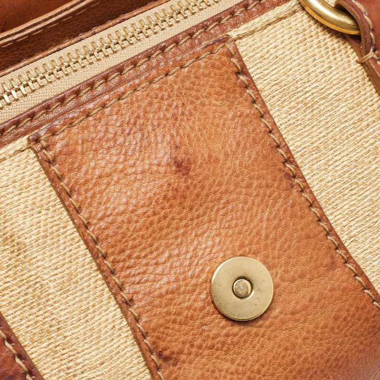 Pre Owned Valentino Brown/Beige Canvas and Leather VLogo Embellished Catch Bag