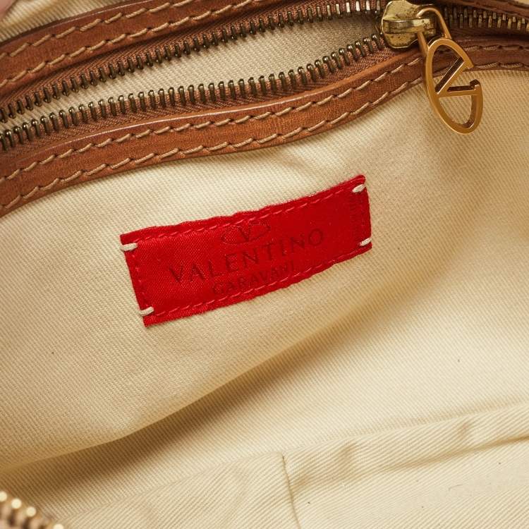 Pre Owned Valentino Brown/Beige Canvas and Leather VLogo Embellished Catch Bag