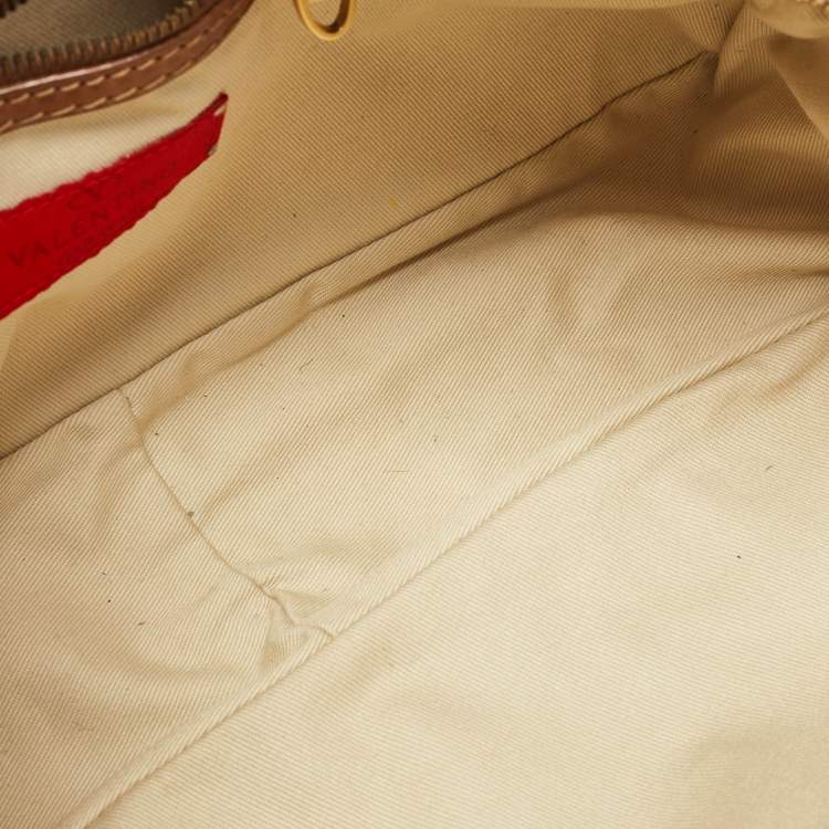 Pre Owned Valentino Brown/Beige Canvas and Leather VLogo Embellished Catch Bag