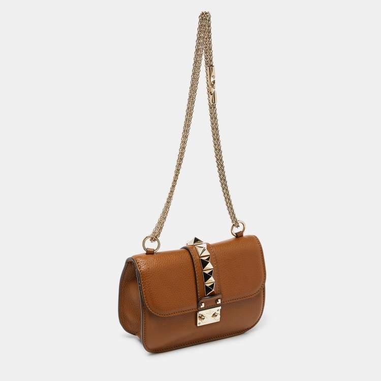 Pre Owned Valentino Brown Leather Small Rockstud Glam Lock Flap Bag