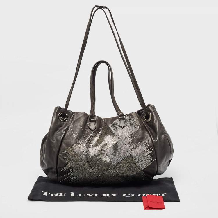 Pre Owned Valentino Metallic Leather Beaded Embellished Tote
