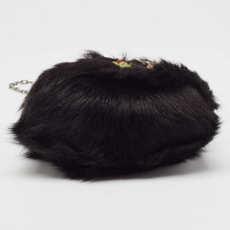 Pre Owned Valentino Black Fur Floral Applique Frame Chain Clutch
