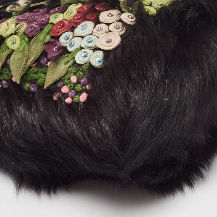 Pre Owned Valentino Black Fur Floral Applique Frame Chain Clutch
