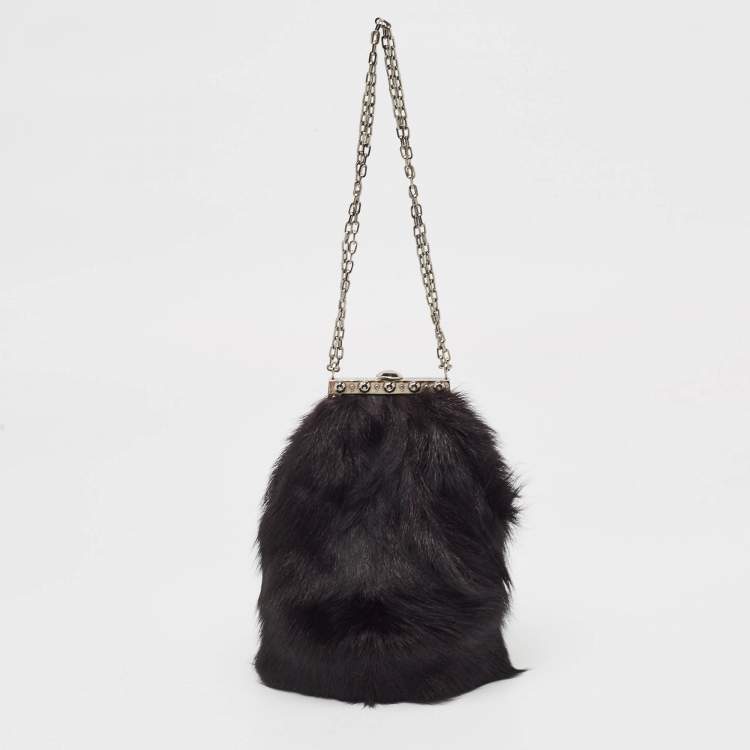 Pre Owned Valentino Black Fur Floral Applique Frame Chain Clutch
