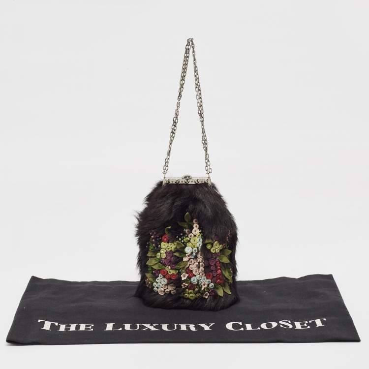 Pre Owned Valentino Black Fur Floral Applique Frame Chain Clutch