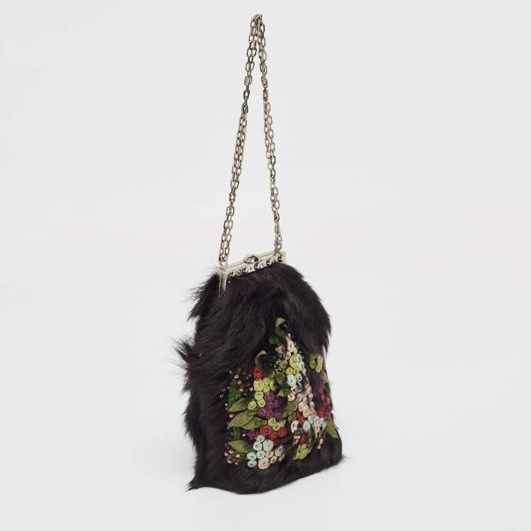 Pre Owned Valentino Black Fur Floral Applique Frame Chain Clutch