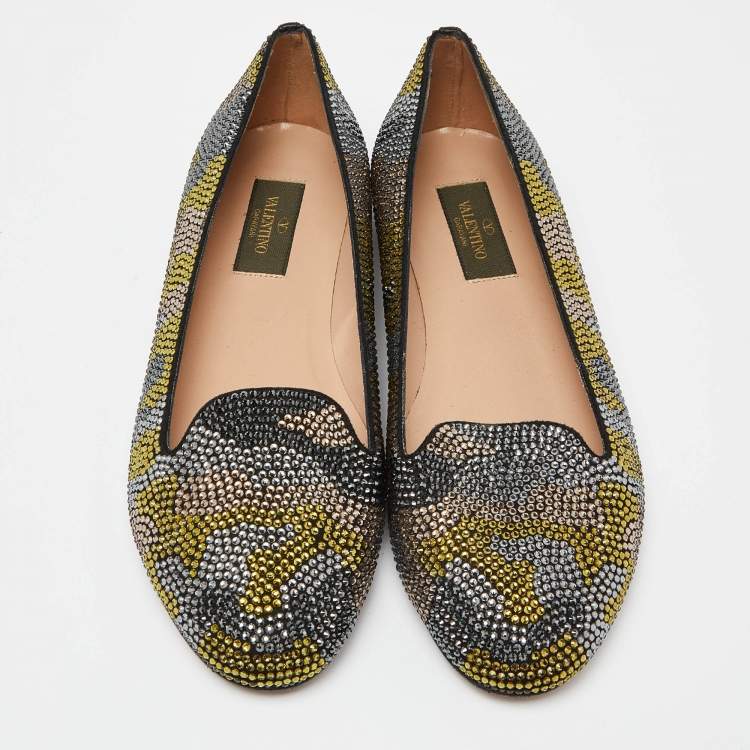 Pre Owned Valentino Multicolor Crystal Embellished Smoking Slippers Size 38.5