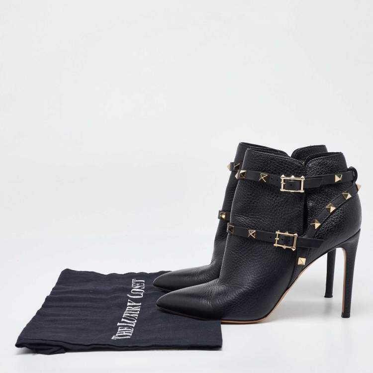Pre Owned Valentino Black Leather Rockstud Pointed Toe Ankle Boots Size 37