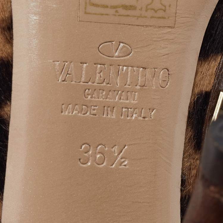 Pre Owned Valentino Brown Leopard Print Calfhair and Leather Rockstud Caged Sandals Size 36.5