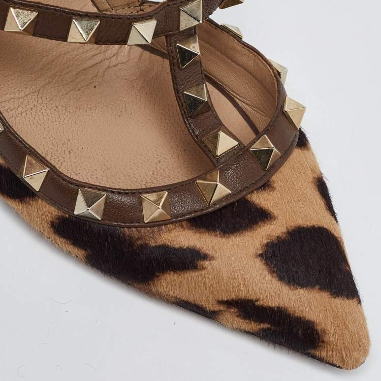 Pre Owned Valentino Brown Leopard Print Calfhair and Leather Rockstud Caged Sandals Size 36.5